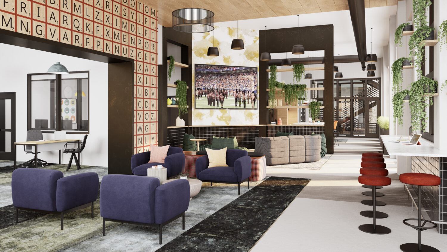 Lobby area with variety plush seating, bar seating, big-screen TV, and designer walls and lighting