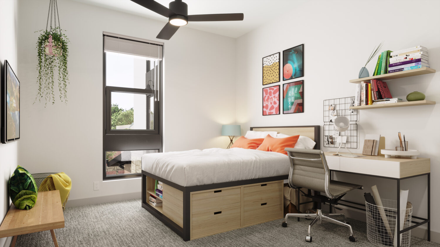 Bedroom with plush carpet, ceiling fan, platform bed and desk